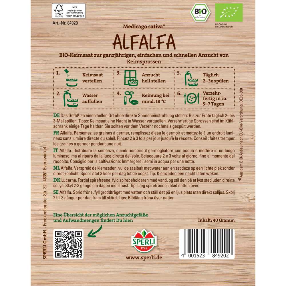 BIO lastari de lucerna – alfalfa pentru salate proaspete, 40 g, cu protectie germinatie