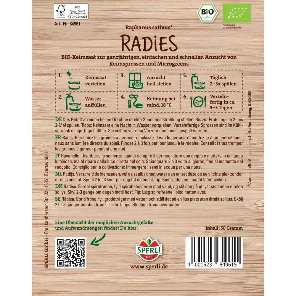 BIO lastari de ridiche – pentru germeni crocanti, 50 g, cu protectie germinatie