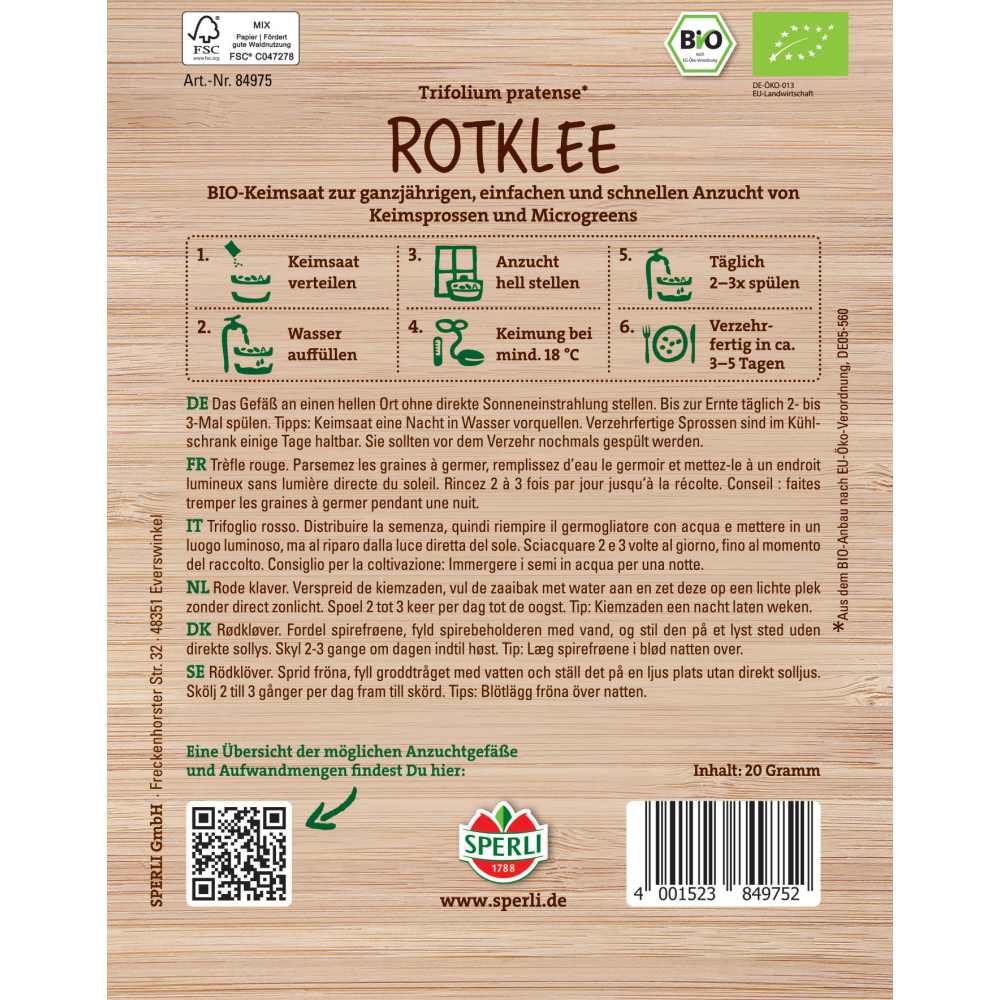 BIO lastari de trifoi rosu – bogati in nutrienti, 20 g, cu protectie germinatie