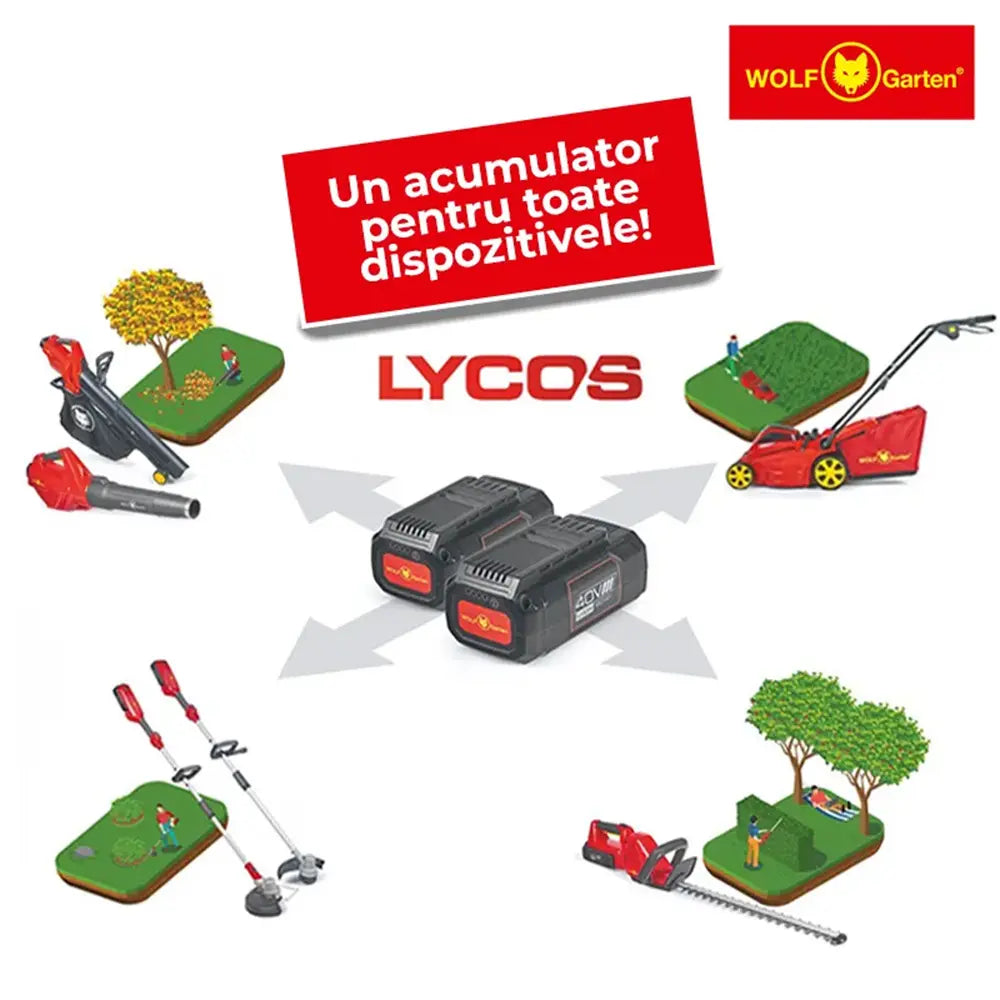 Masina de tuns iarba pe acumulator Wolf-Garten LYCOS 40/400 M, latime taiere 40 cm, 40V, 5.0Ah, colector 40 L, Functionarea Silentioasa