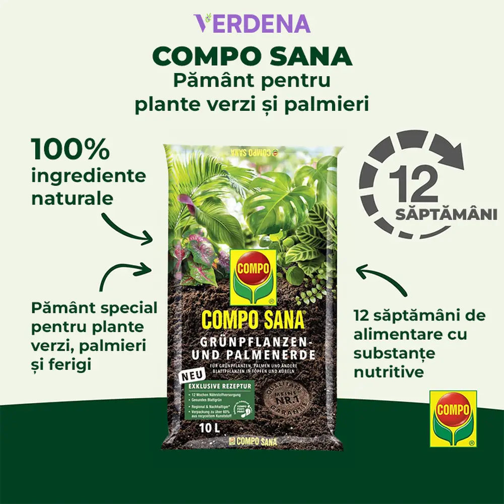 Pamant Compo Sana pentru plante verzi si palmieri 10 litri cu fertilizare 12 saptamani