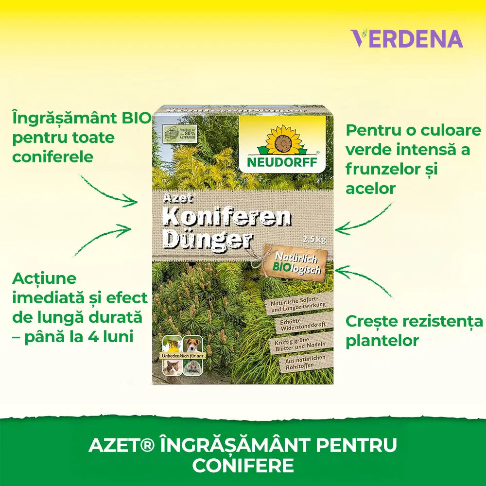 Ingrasamant organic Neudorff Azet pentru conifere si plante vesnic verzi 2.5 kg – efect imediat si prelungit pana la 100 zile