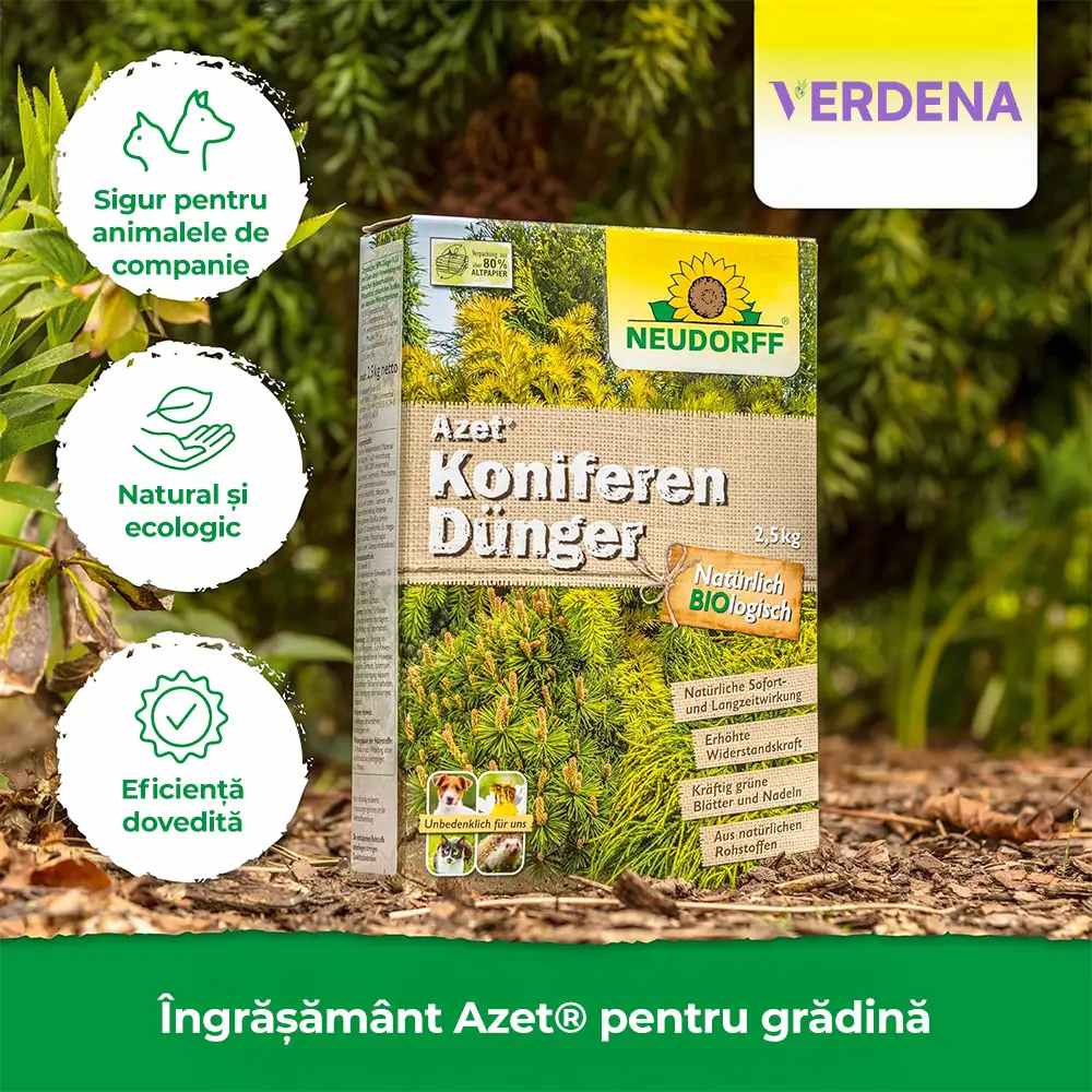 Ingrasamant organic Neudorff Azet pentru conifere si plante vesnic verzi 2.5 kg – efect imediat si prelungit pana la 100 zile