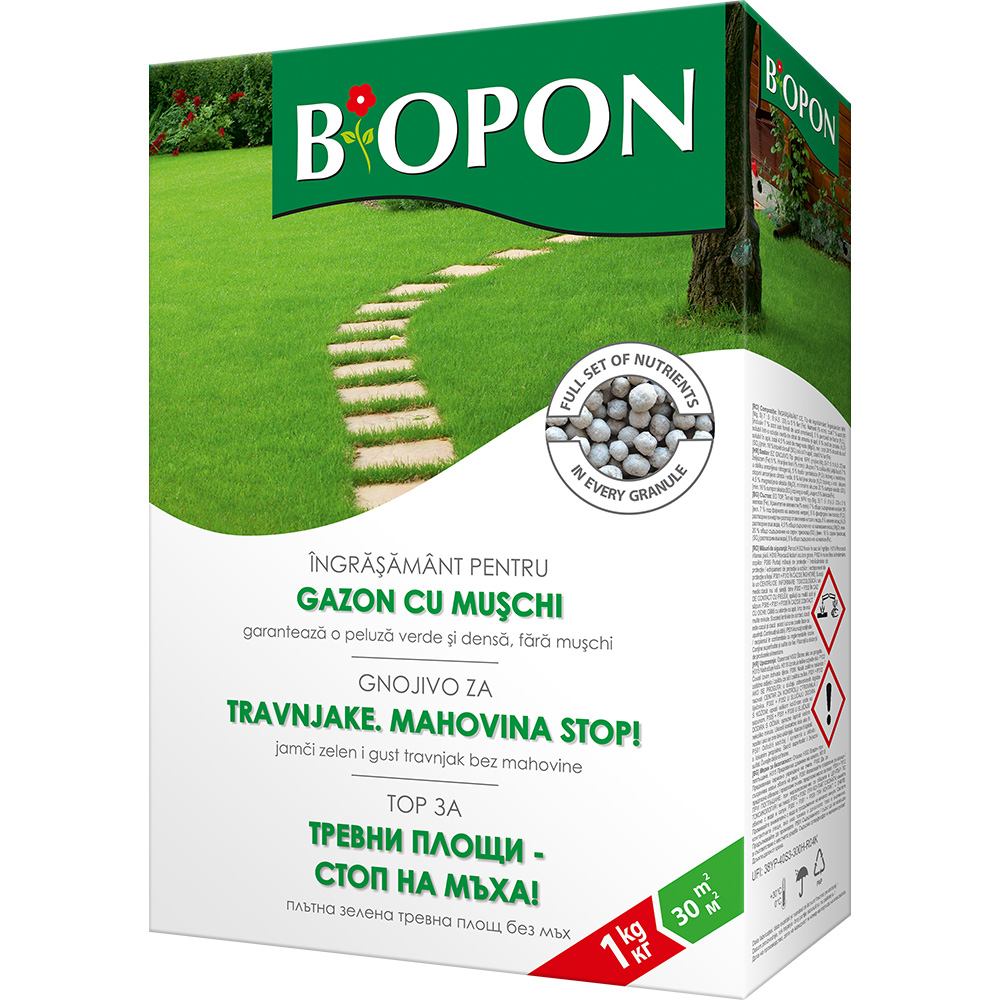 Ingrasamant granulat BIOPON 1 kg, pentru gazon, verde intens si controlul muschiului