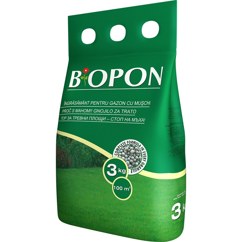Ingrasamant granulat BIOPON 3 kg, pentru gazon, verde intens si controlul muschiului