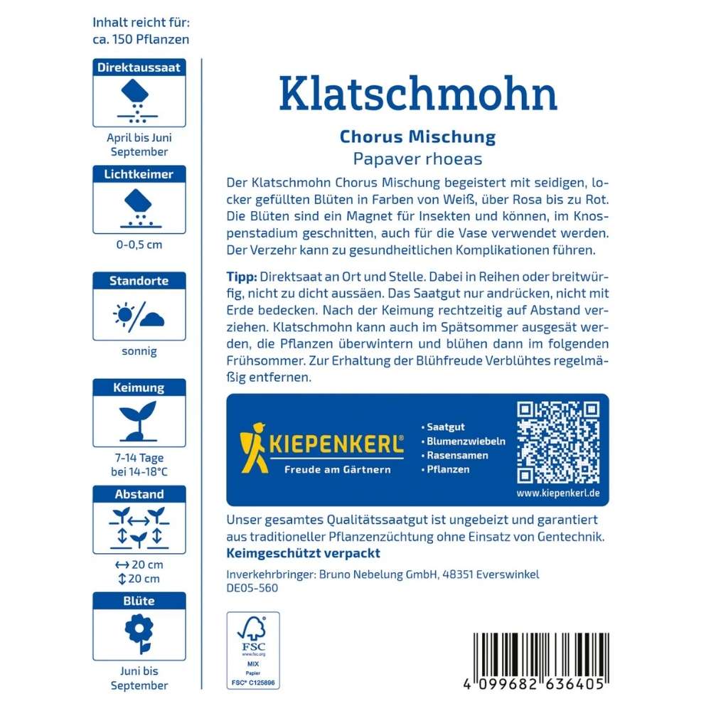 Seminte de mac rosu Chorus – flori de camp, amestec clasic, ajunge pentru 150 Plante