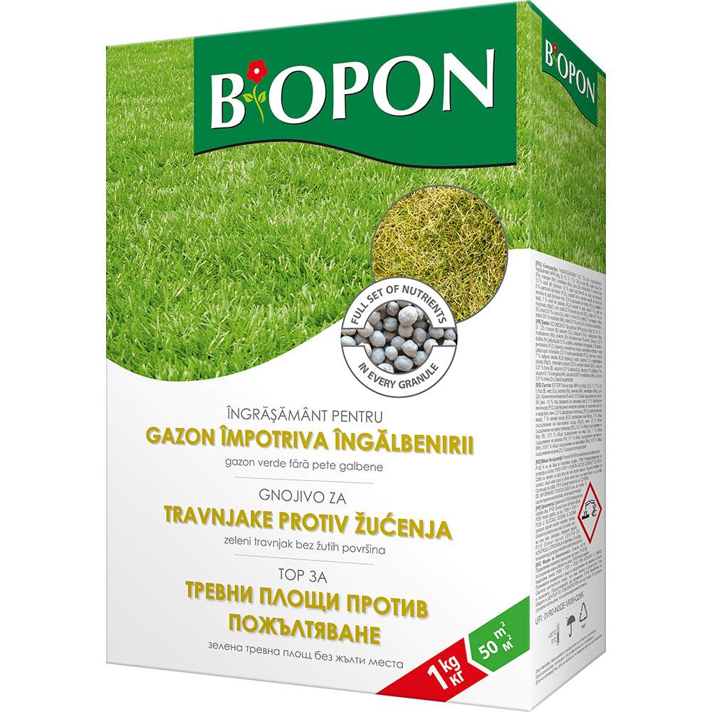 Ingrasamant granulat BIOPON 1 kg, pentru gazon anti-ingalbenire, culoare verde intensa si crestere sanatoasa