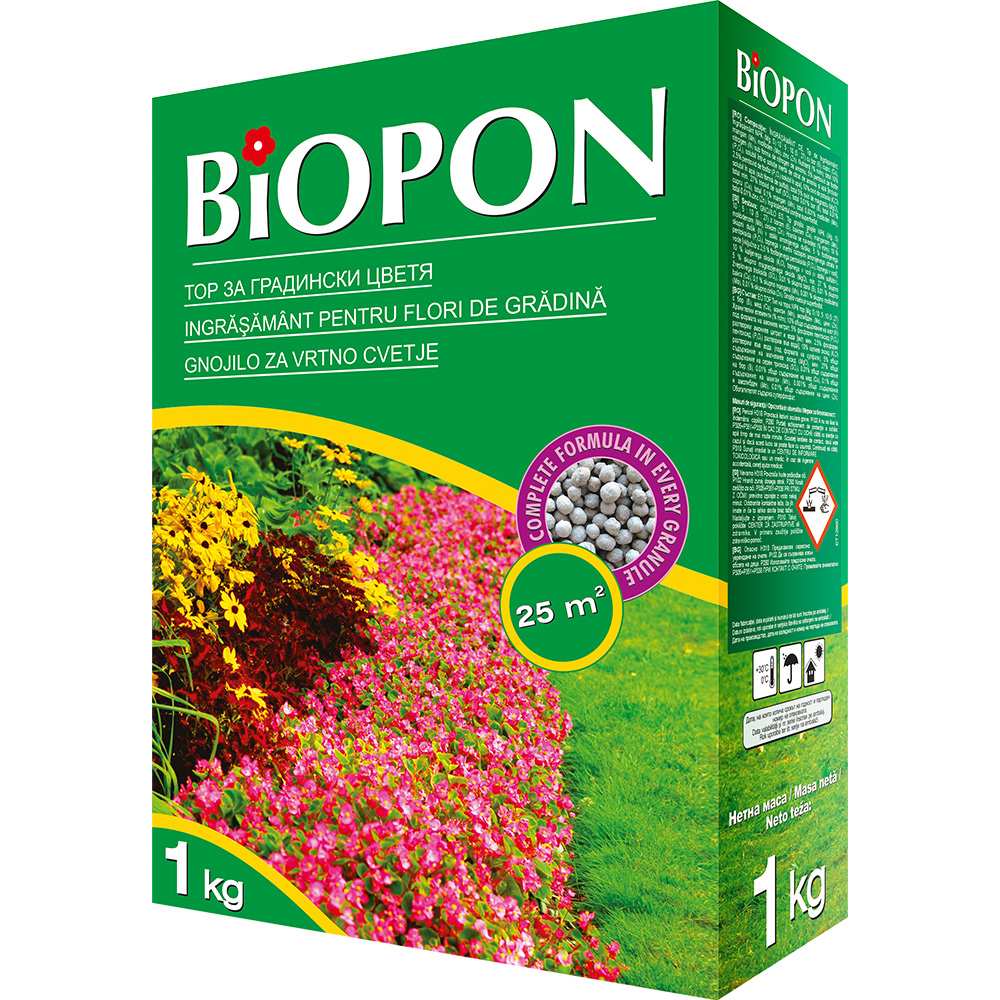 Ingrasamant granulat BIOPON pentru flori de gradina, inflorire abundenta si frunze verzi, 1 kg