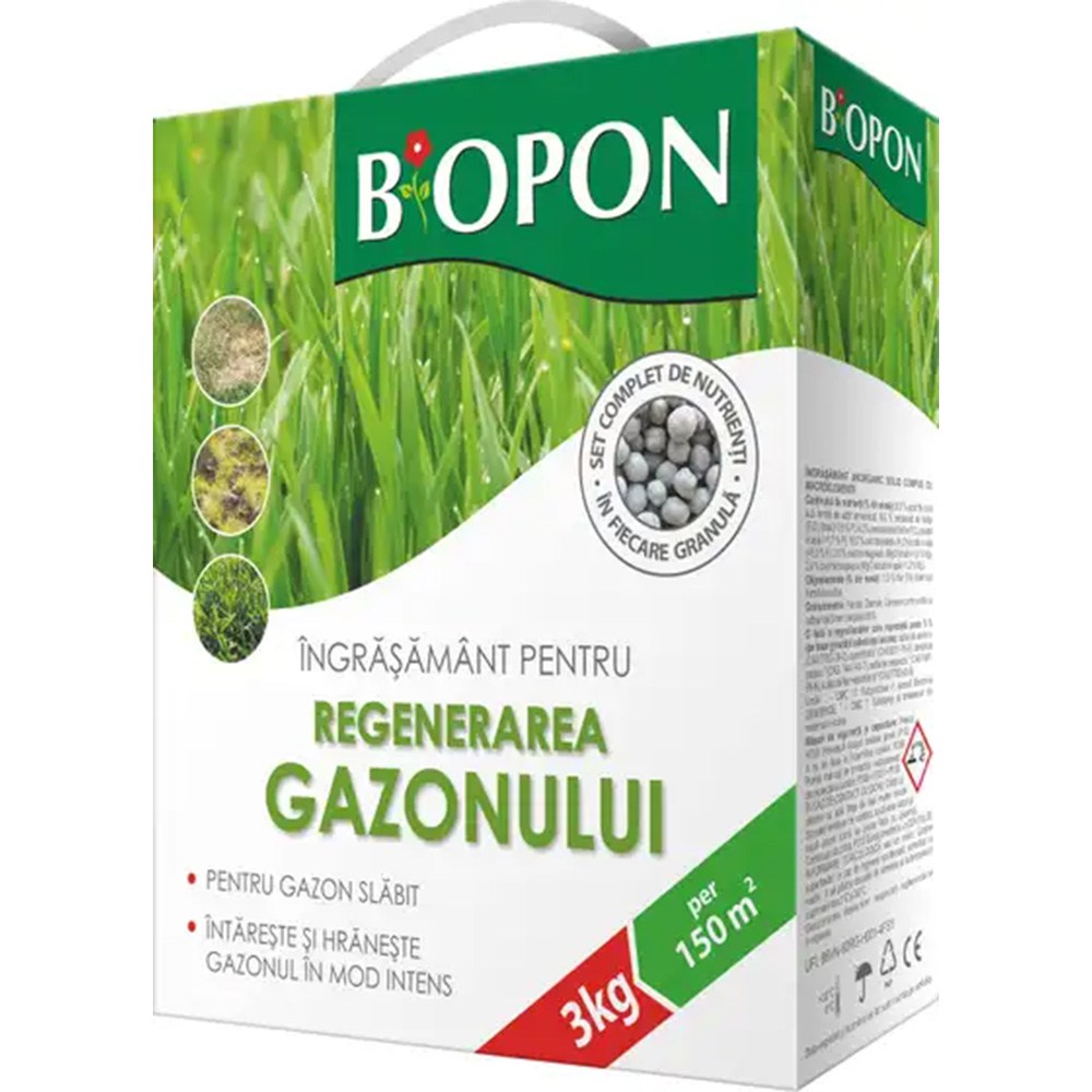 Ingrasamant granulat BIOPON 3 kg, pentru regenerare gazon, refacere rapida si crestere densa