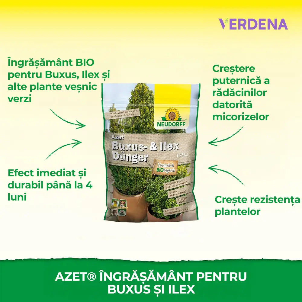 Ingrasamant organic Neudorff Azet pentru Buxus si Ilex 1 kg – efect imediat si de lunga durata pentru plante vesnic verzi sanatoase