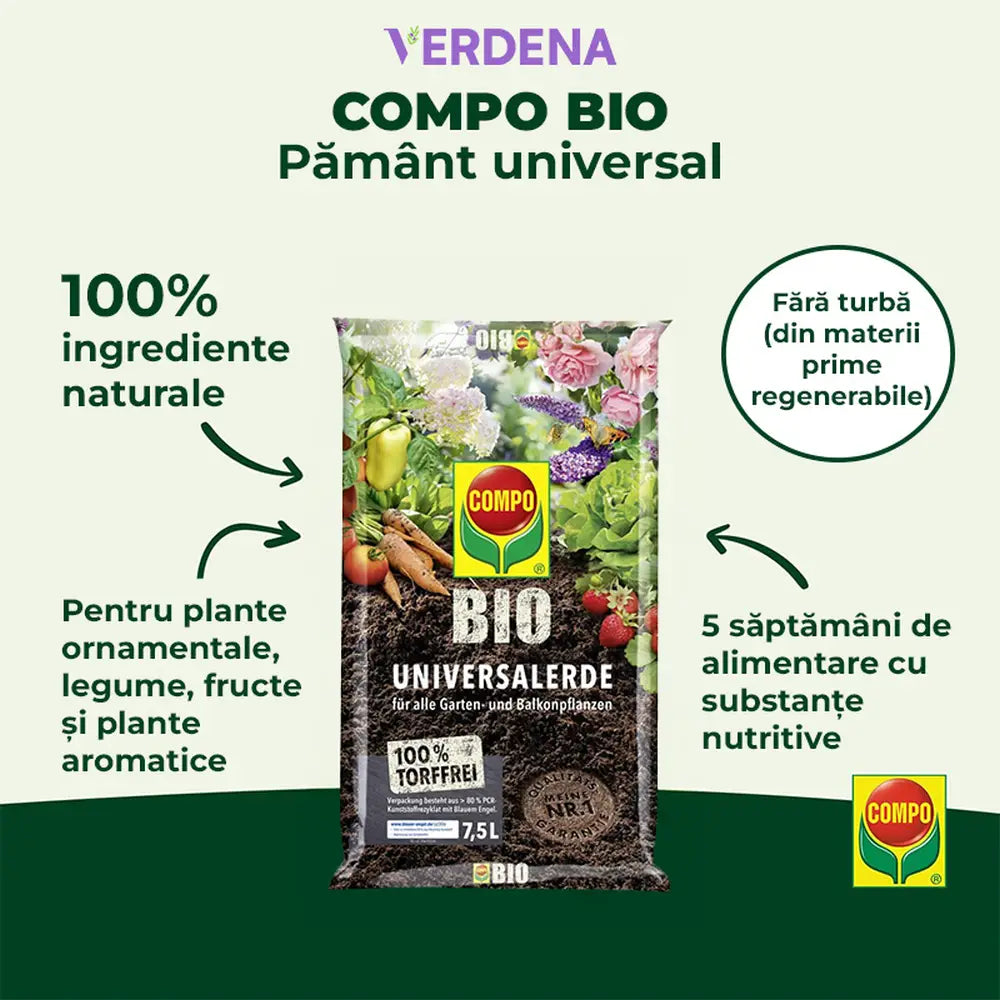 Pamant universal organic Compo pentru plante de interior legume fructe si ierburi aromatice 7.5 litri fara turba