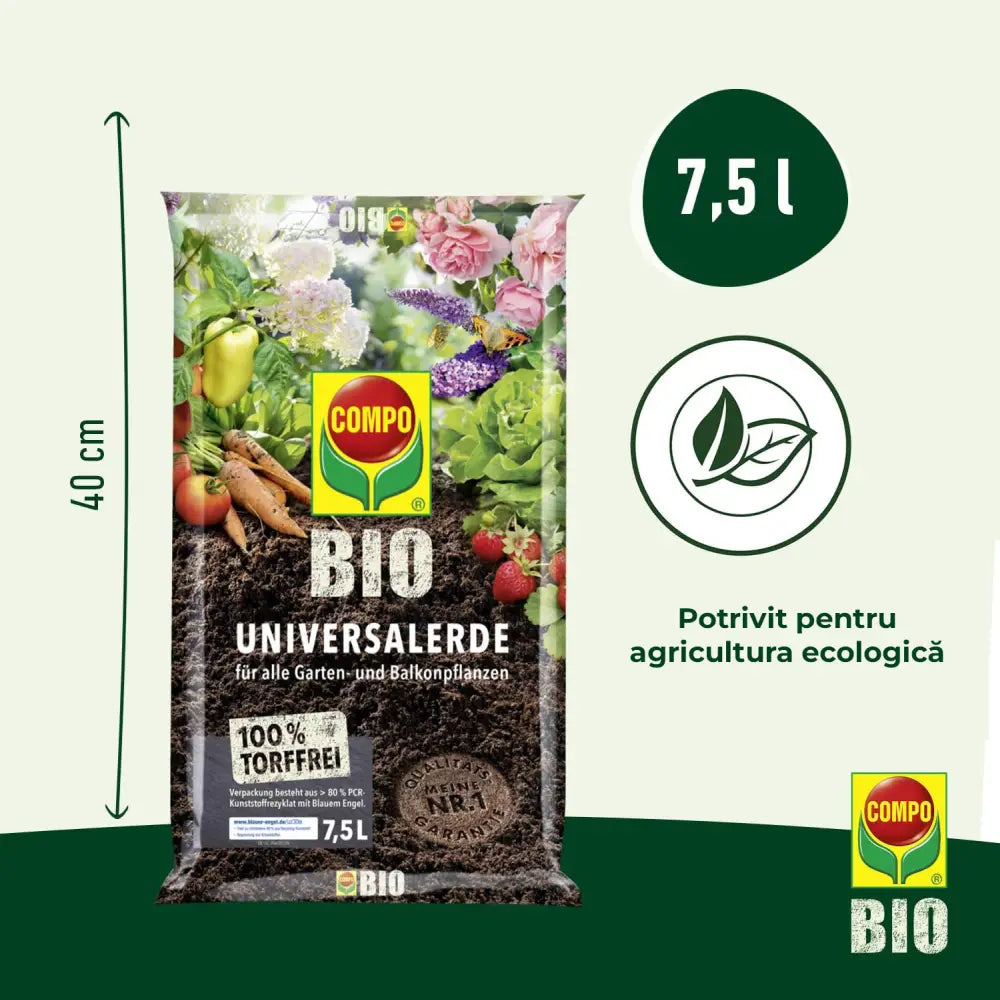 Pamant universal organic Compo pentru plante de interior legume fructe si ierburi aromatice 7.5 litri fara turba