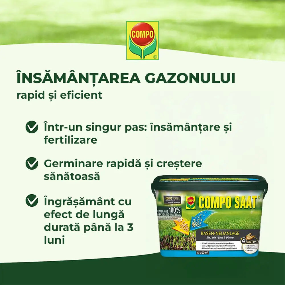 Compo Saat amestec 2in1 pentru insamantare gazon si fertilizare – 2.2 kg pentru 100 mp