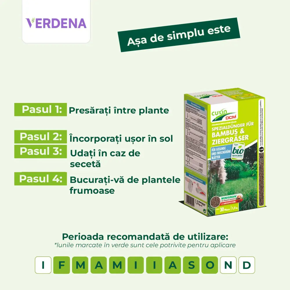 Ingrasamant special Cuxin DCM pentru bambus si ierburi decorative 1.5 kg cu siliciu si magneziu – fertilizare organo-minerala cu eliberare controlata