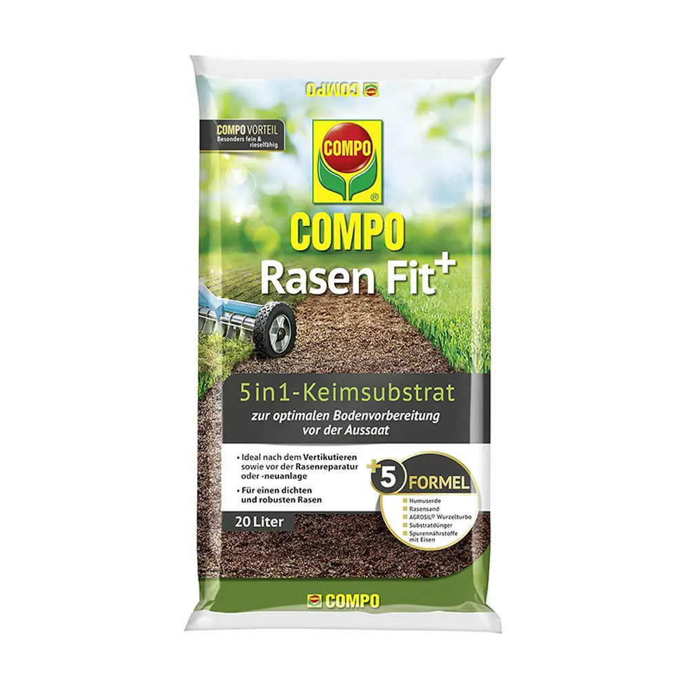 Substrat regenerare gazon COMPO Rasen Fit+ 5in1, 20 L pentru 10 mp, sol imbunatatit si germinare accelerata dupa scarificare sau aerare