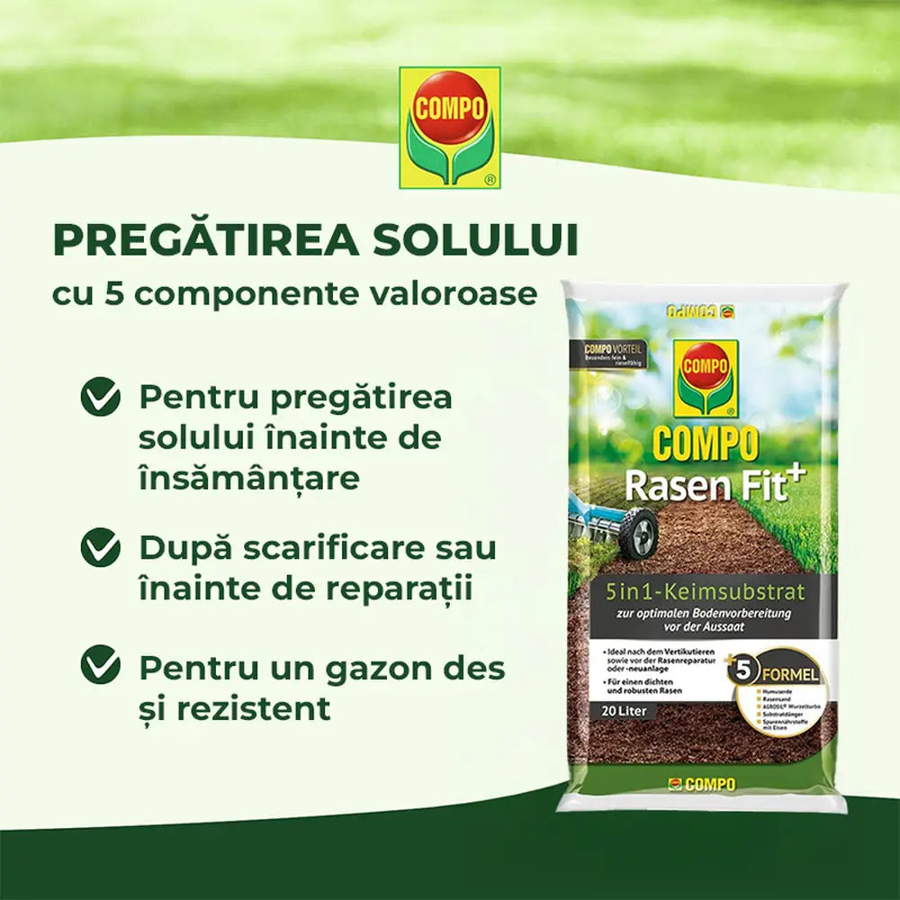Substrat regenerare gazon COMPO Rasen Fit+ 5in1, 20 L pentru 10 mp, sol imbunatatit si germinare accelerata dupa scarificare sau aerare