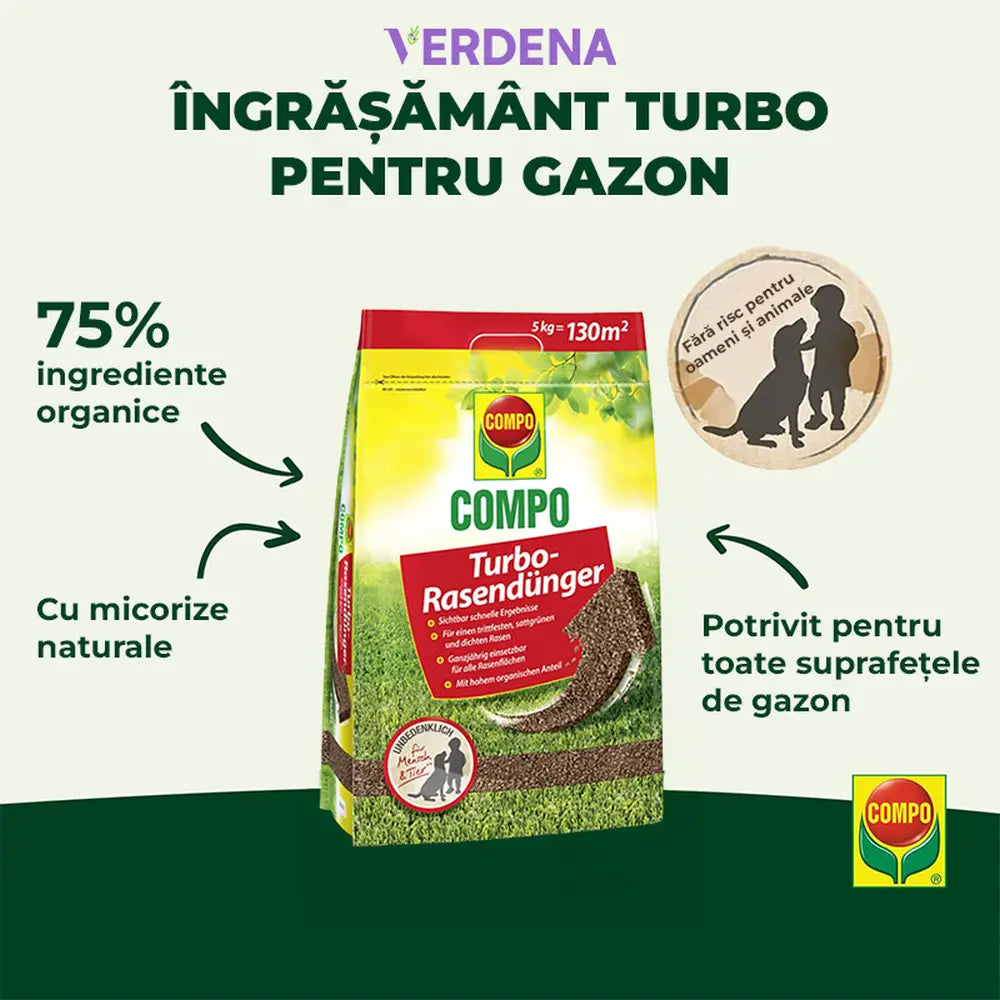 Ingrasamant gazon COMPO Turbo, 5 kg pentru 130 mp, gazon dens, verde si rezistent cu efect rapid si nutritie echilibrata