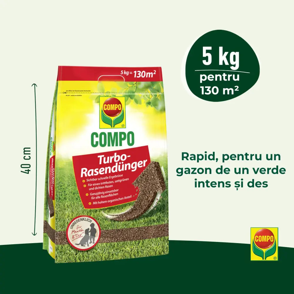 Ingrasamant gazon COMPO Turbo, 5 kg pentru 130 mp, gazon dens, verde si rezistent cu efect rapid si nutritie echilibrata