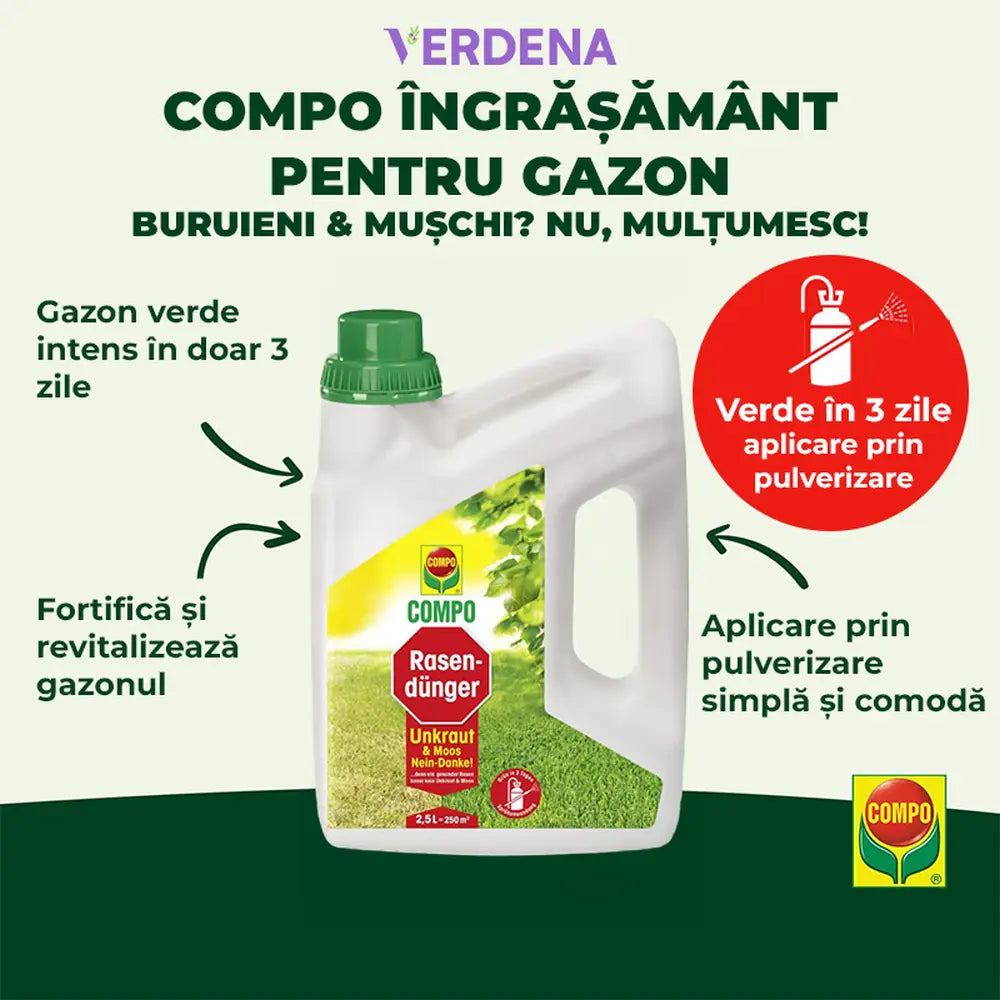 Ingrasamant lichid COMPO impotriva buruienilor si muschiului 2.5 L, efect rapid pentru gazon verde si sanatos