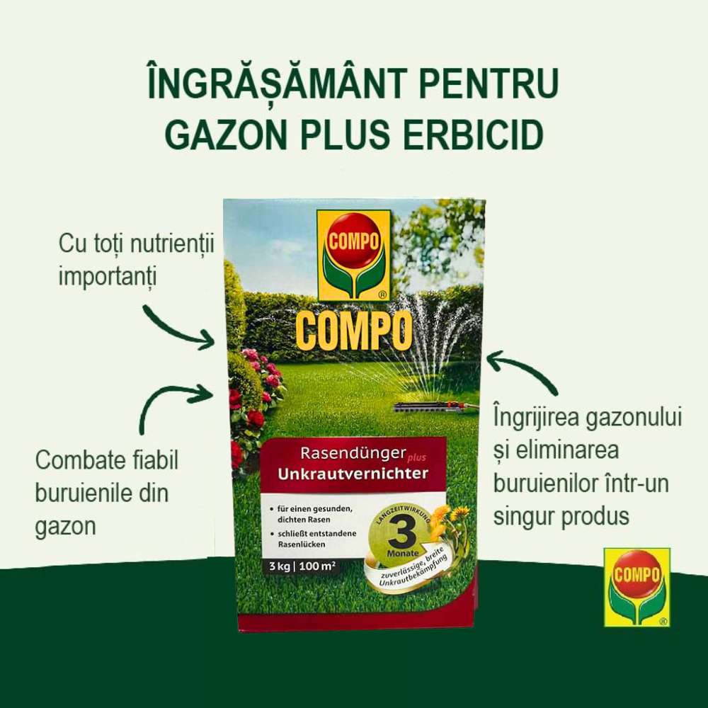 Ingrasamant Erbicid pentru Gazon, 3 kg, Ingrijirea Gazonului si Combaterea Buruienilor intr-un Singur Produs, Compo