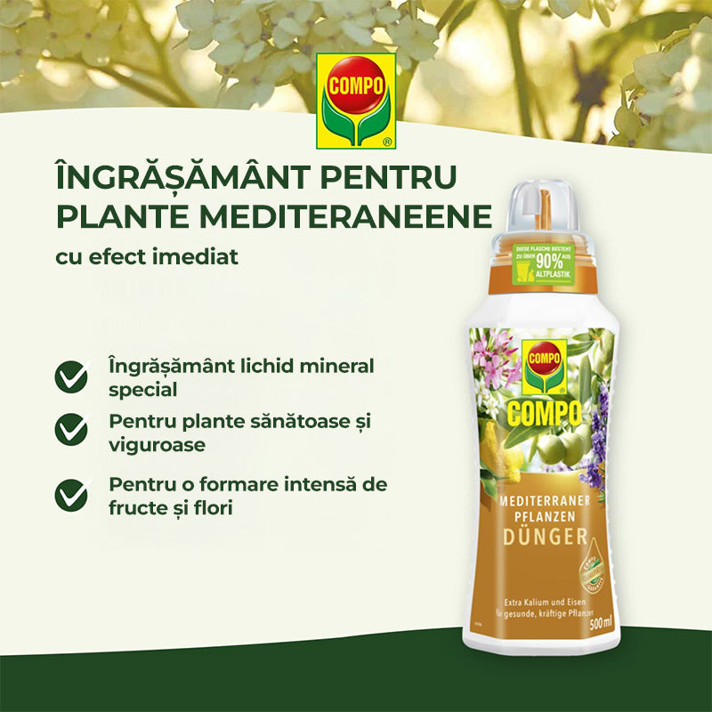 Ingrasamant Organic Lichid pentru Plante Mediteraneene, 500 ml, Special cu Extra Potasiu si Fier, Ingrediente 100% Naturale, COMPO