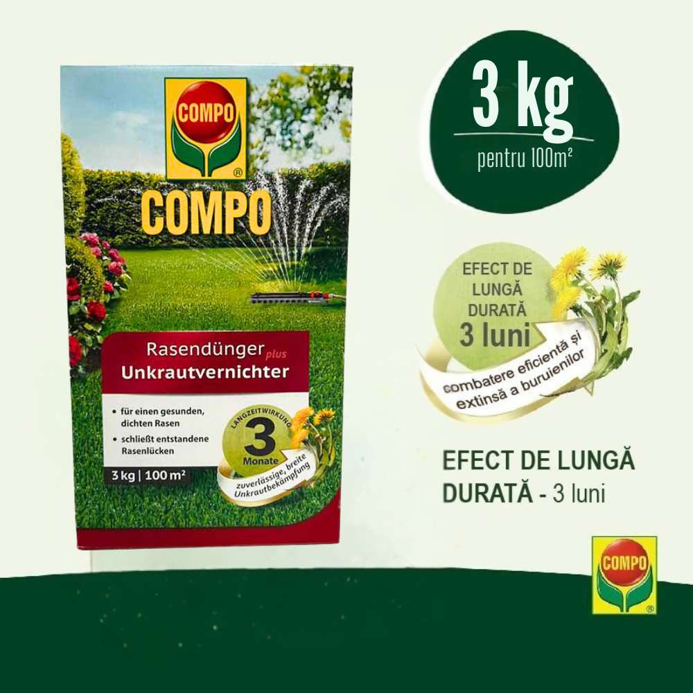 Ingrasamant Erbicid pentru Gazon, 3 kg, Ingrijirea Gazonului si Combaterea Buruienilor intr-un Singur Produs, Compo