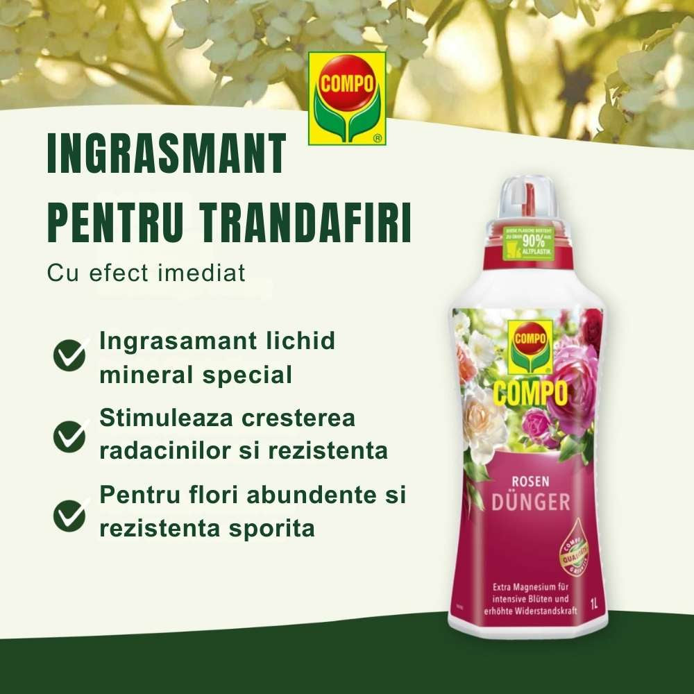 Ingrasamant lichid COMPO pentru trandafiri, flori intense si crestere sanatoasa, 1 l