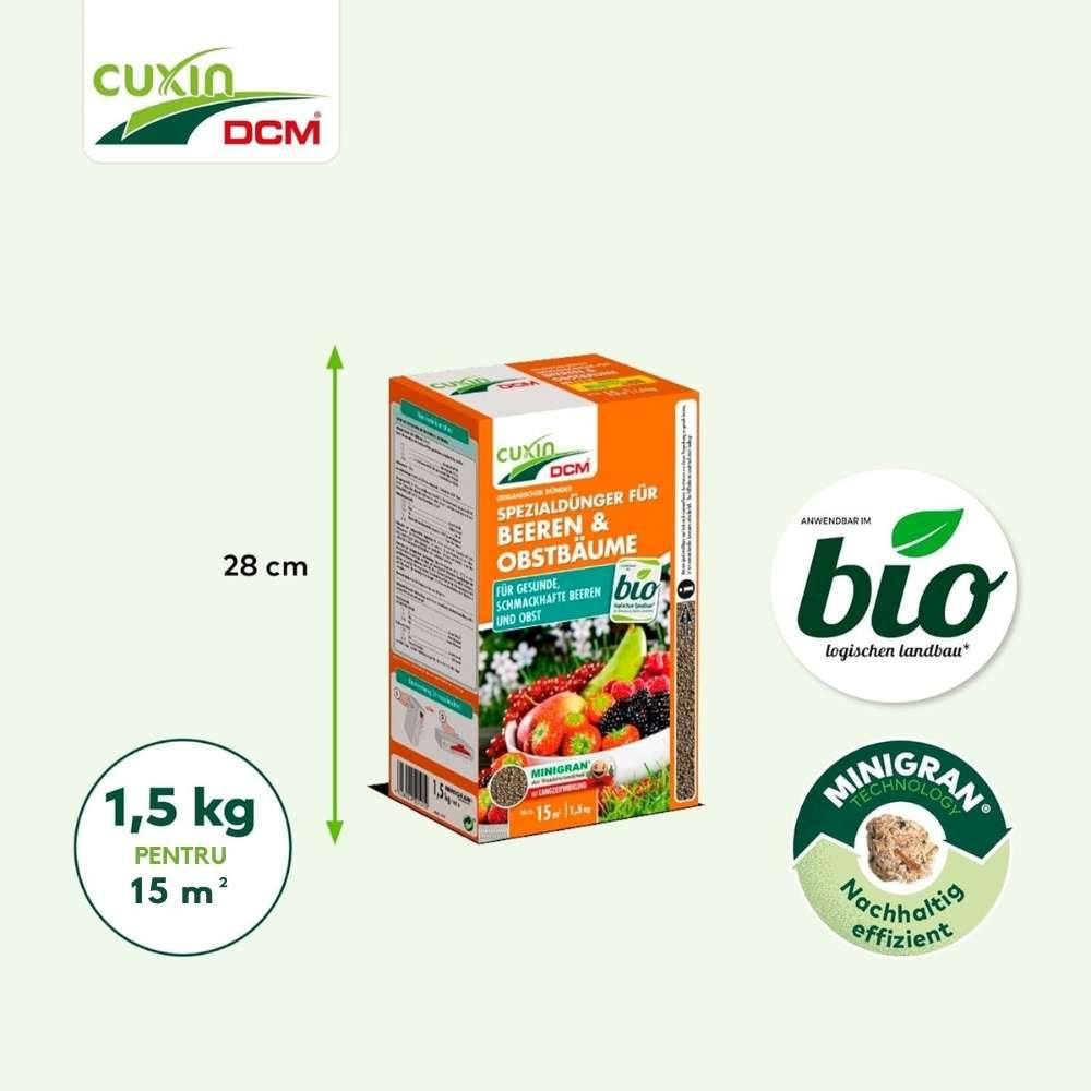 Ingrasamant organic pentru fructe de padure si pomi fructiferi CUXIN DCM, tehnologie MINIGRAN, fertilizant cu eliberare lentă - 1.5 kg, pentru 100 mp