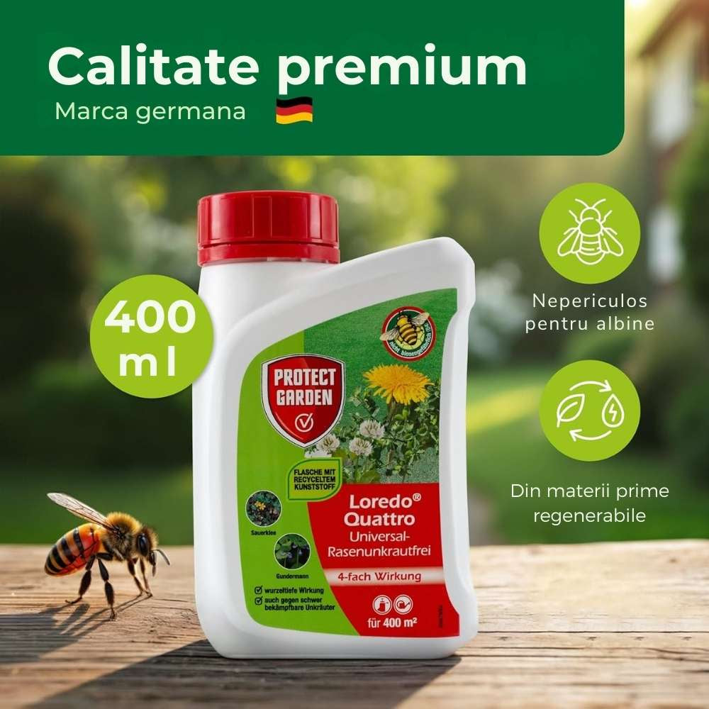 Erbicid selectiv PROTECT GARDEN Loredo Quattro pentru gazon, combatere buruieni cu frunza lata, 400 ml