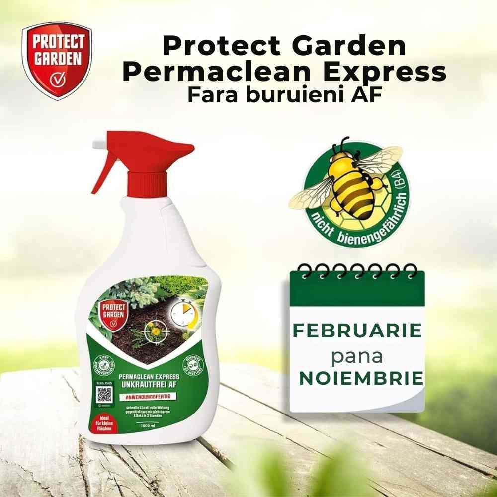 Spray herbicid total fara glifosat PROTECT GARDEN Permaclean Express, gata de utilizare, actiune rapida, anti buruieni alge si muschi, 10 mp, 1 l
