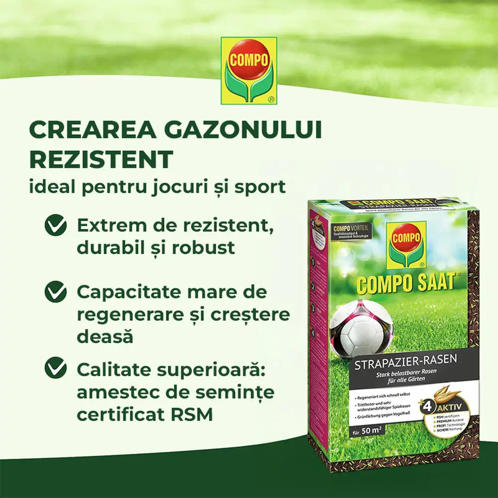 Compo seminte gazon rezistent trafic intens 1 kg pentru 50 mp – amestec profesional pentru gazon de sport si joaca
