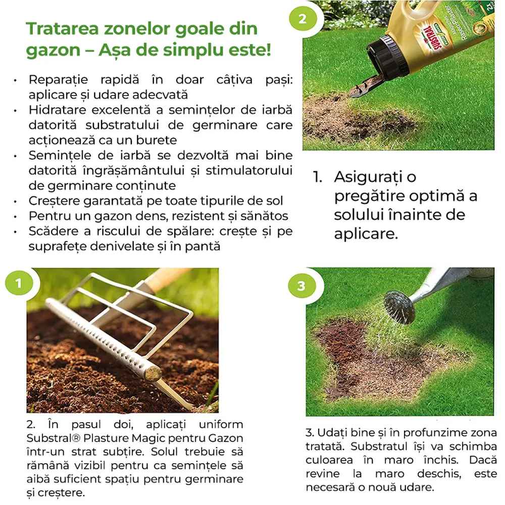 Reparare gazon Substral Plastura Magica 3 in 1 cu seminte gazon substrat si ingrasamant 1 kg pentru zone goale