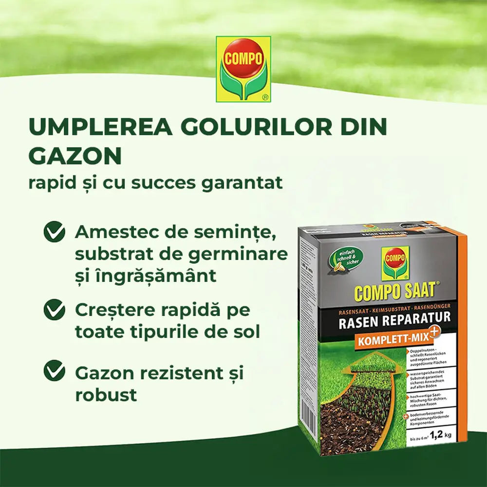 Compo mix complet regenerare gazon, 1.2 kg pentru 6 mp – amestec seminte, substrat si ingrasamant