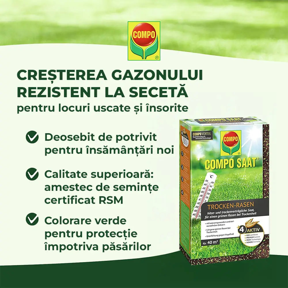 Compo seminte gazon rezistent la seceta si caldura 1 kg pentru 40 mp, amestec profesional pentru zone insorite si uscate