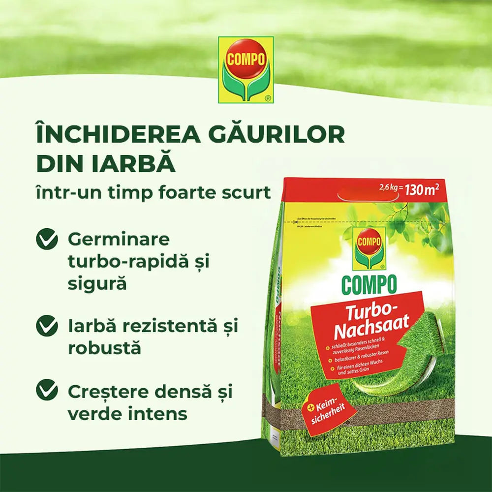 Seminte gazon Compo Turbo regenerare rapida 2.6 kg pentru 130 mp cu germinare sigura si rapida