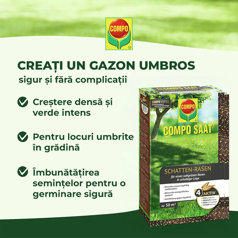 Compo seminte gazon pentru umbra densa, 2 kg pentru 100 mp – amestec profesional pentru zone umbrite si insorite