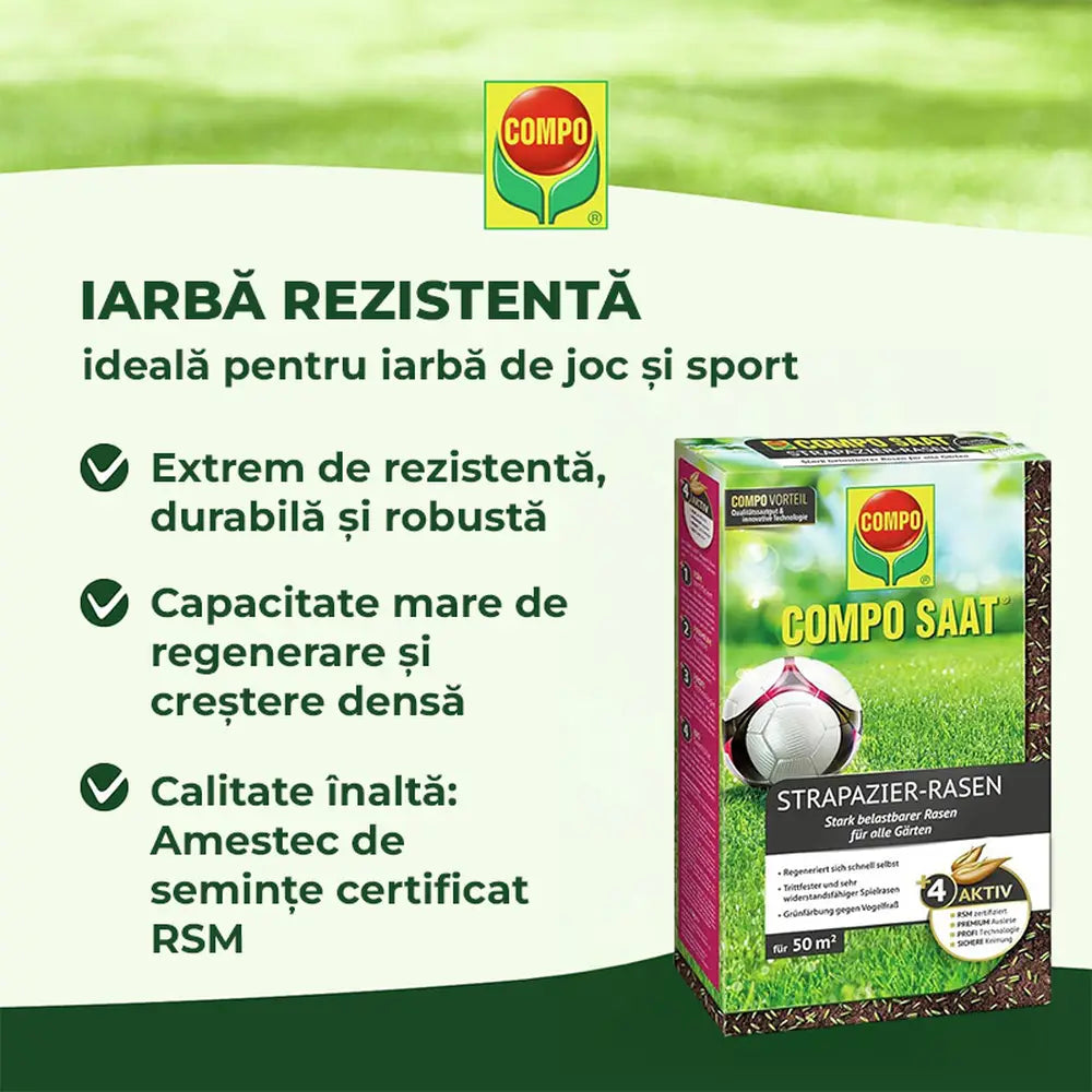 Compo seminte gazon rezistent trafic intens 2 kg pentru 100 mp – amestec profesional pentru gazon de sport si joaca