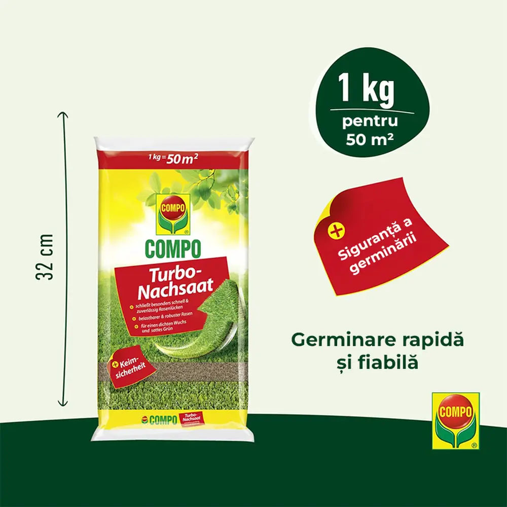 Compo turbo reseeding seminte gazon regenerare rapida 1 kg pentru 50 mp, amestec premium cu germinare rapida si siguranta ridicata