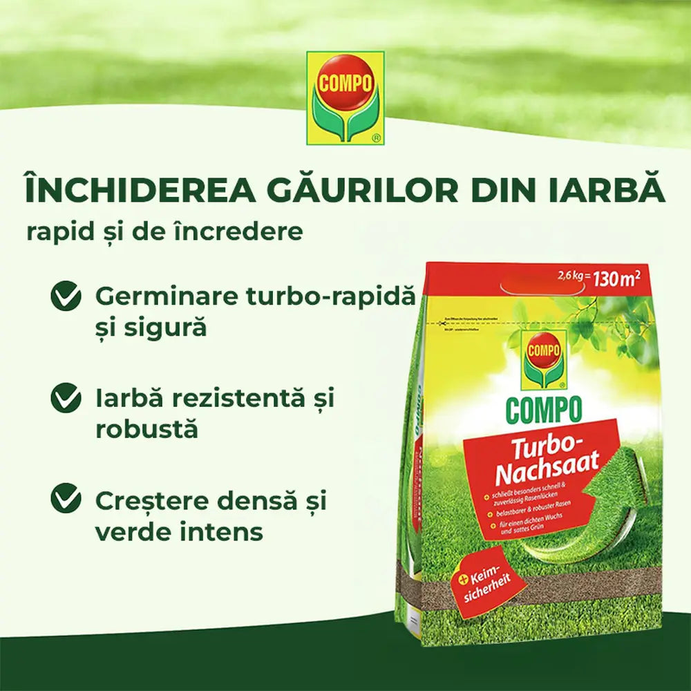 Compo turbo reseeding seminte gazon regenerare rapida 1 kg pentru 50 mp, amestec premium cu germinare rapida si siguranta ridicata