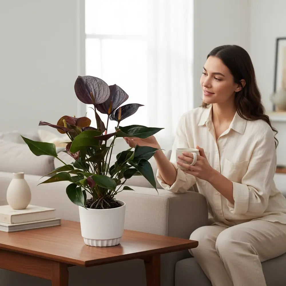 Floarea Flamingo Anthurium Adios Chocolate, 50 cm, planta interior cu flori maro ciocolatiu lucioase in forma de inima