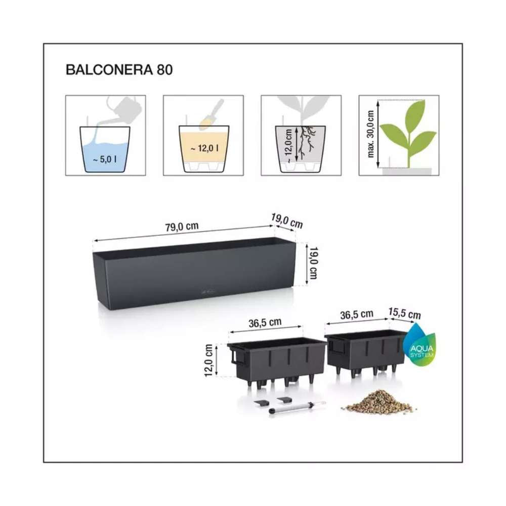 Ghiveci Auto-Irigant Lechuza Balconera Color 80, 12 l, negru mat, sistem de autoirigare, insert detasabil, strat de drenaj