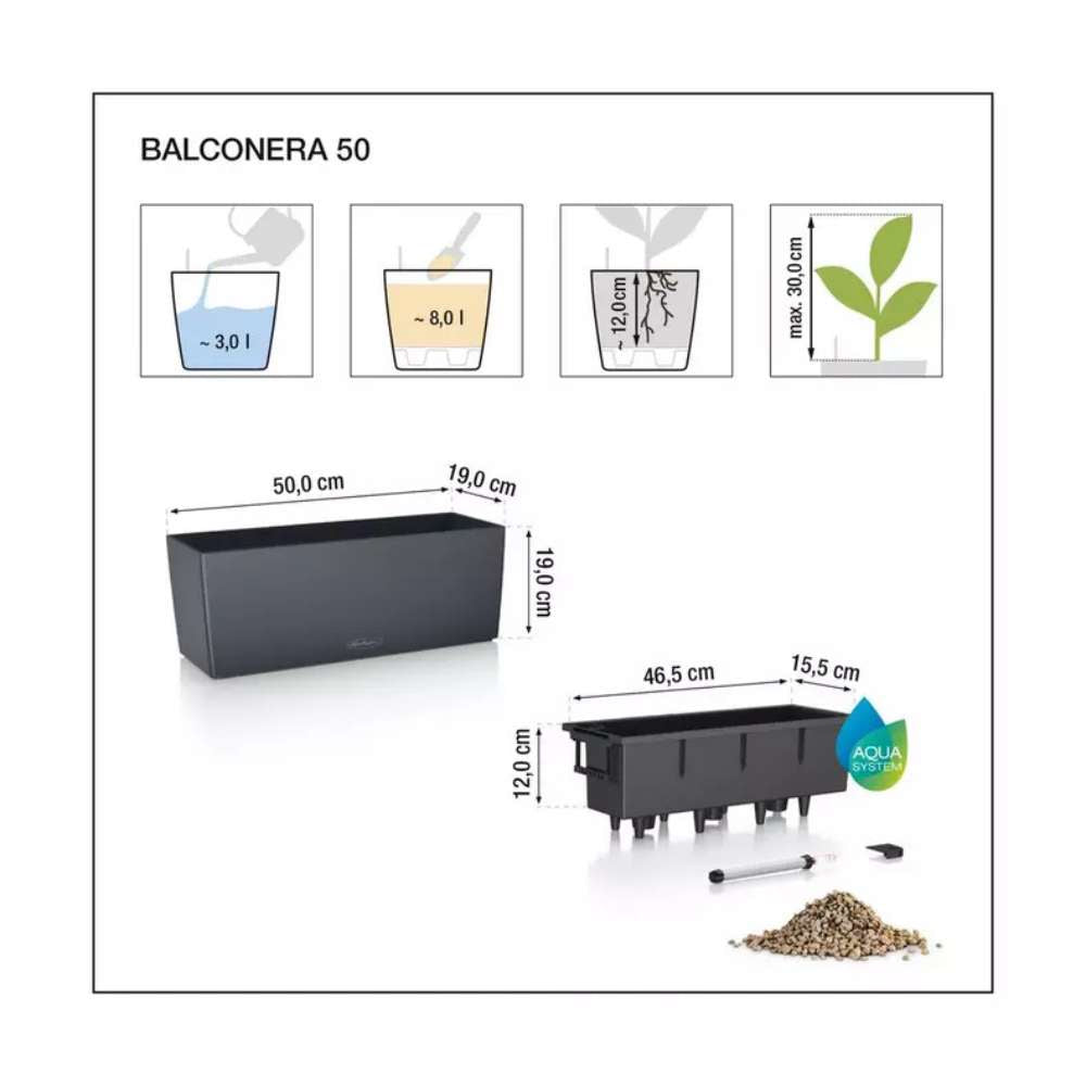 Ghiveci Auto-Irigant Lechuza Balconera Color 50, 8 l, gri mat, sistem de autoirigare, insert detasabil, strat de drenaj