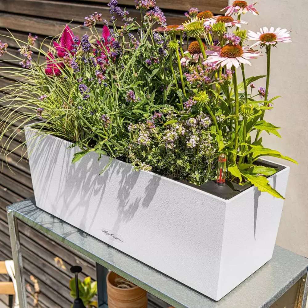 Ghiveci Auto-Irigant Lechuza Balconera Stone 50, 8 l, efect de piatra alba, sistem de autoirigare, insert detasabil, strat de drenaj