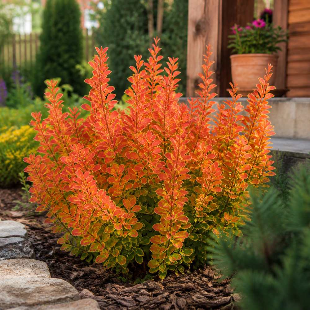 Dracila Berberis Japoneza portocaliu Orange Ice, arbust decorativ cu frunze portocalii rosii pentru gard viu sau plantare solitara