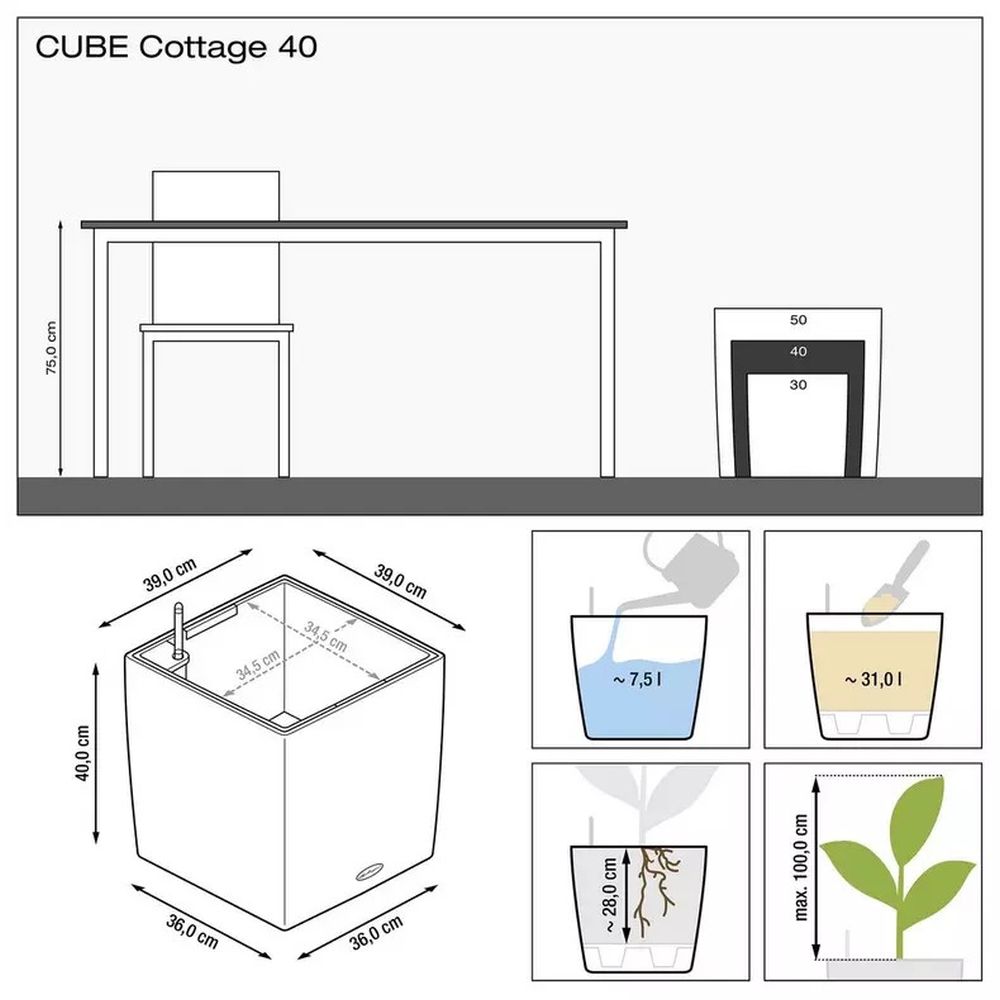 Ghiveci Auto-Irigant Lechuza Cube Cottage 40, 31 l, efect de ratan negru, pentru plante cu ghiveci, sistem de autoirigare, insert detasabil, strat de drenaj