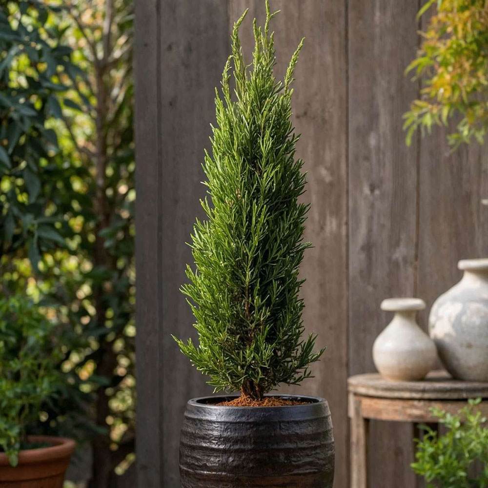 Chiparos Italian Bolgheri, conifer columnar mediteranean, vesnic verde, rezistent la seceta si frig moderat, potrivit pentru ghiveci, alee, poarta, decor mediteranean
