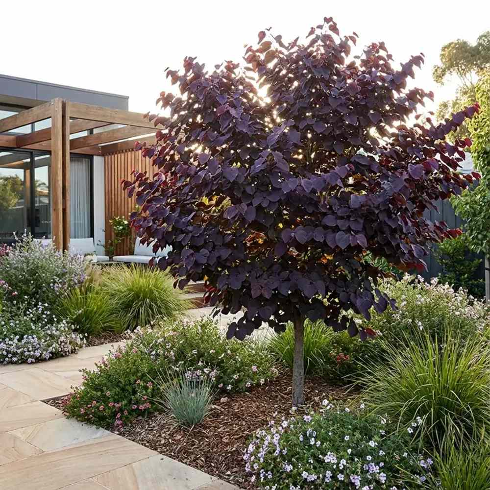 Arborele Lui Iuda Rosu (Cercis Canadensis Merlot), cu flori roz purpuriu pe trunchi si frunzis bordo inchis, arbore ornamental compact rezistent la ger