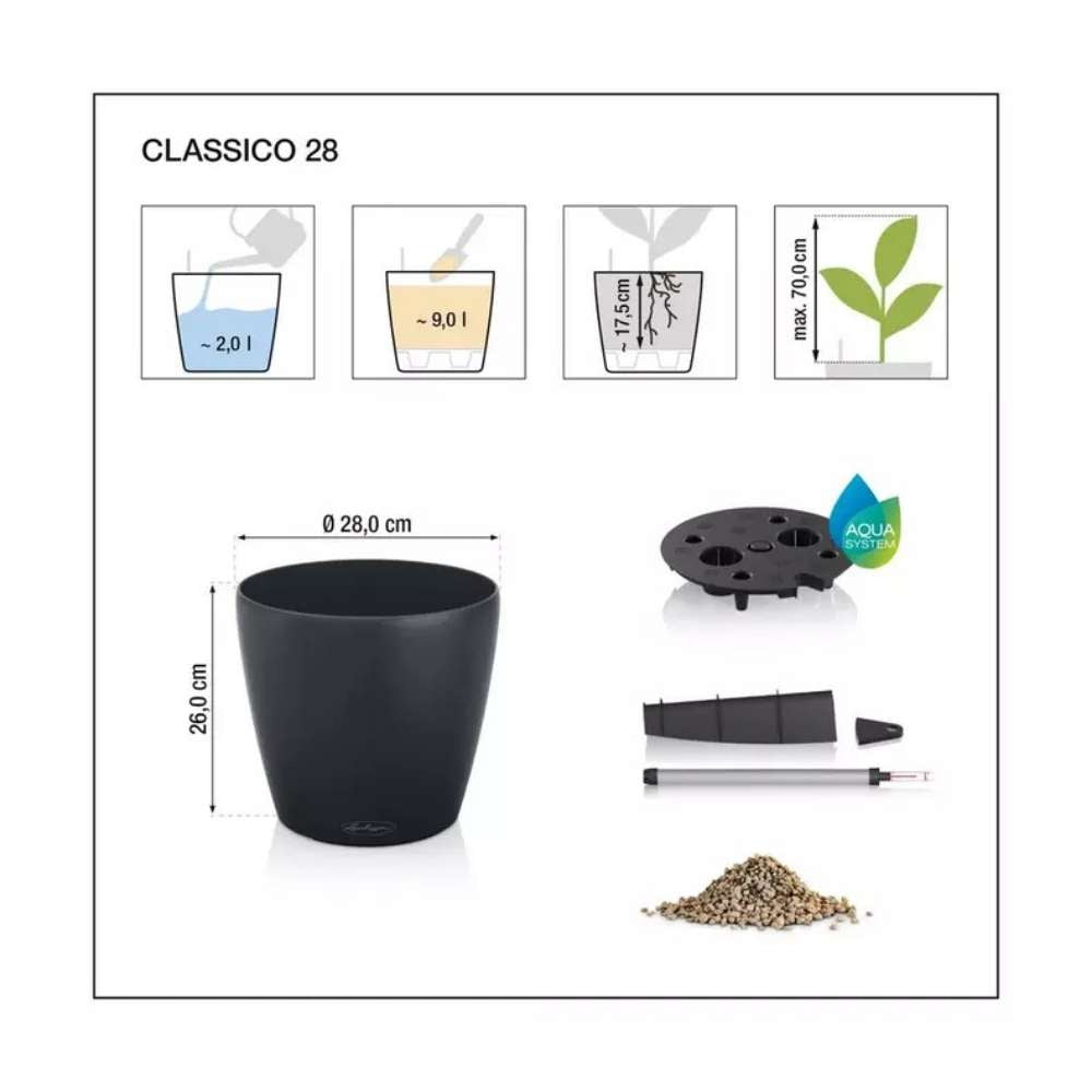 Ghiveci Auto-Irigant Lechuza Classico Color 28, 9 l, alb mat, sistem de autoirigare, insert detasabil, strat de drenaj