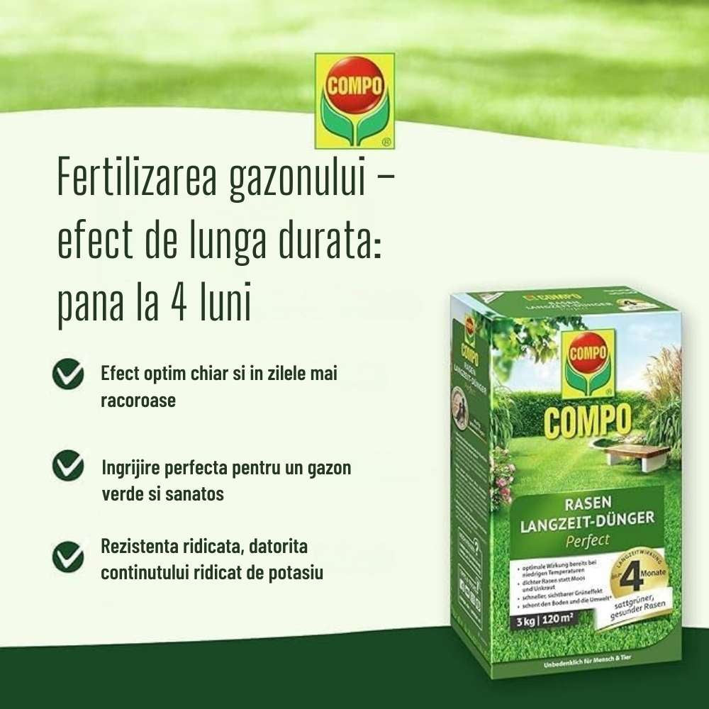 Ingrasamant gazon COMPO cu efect indelungat Perfect, NPK 22-3-10, 3 kg pentru 120 mp
