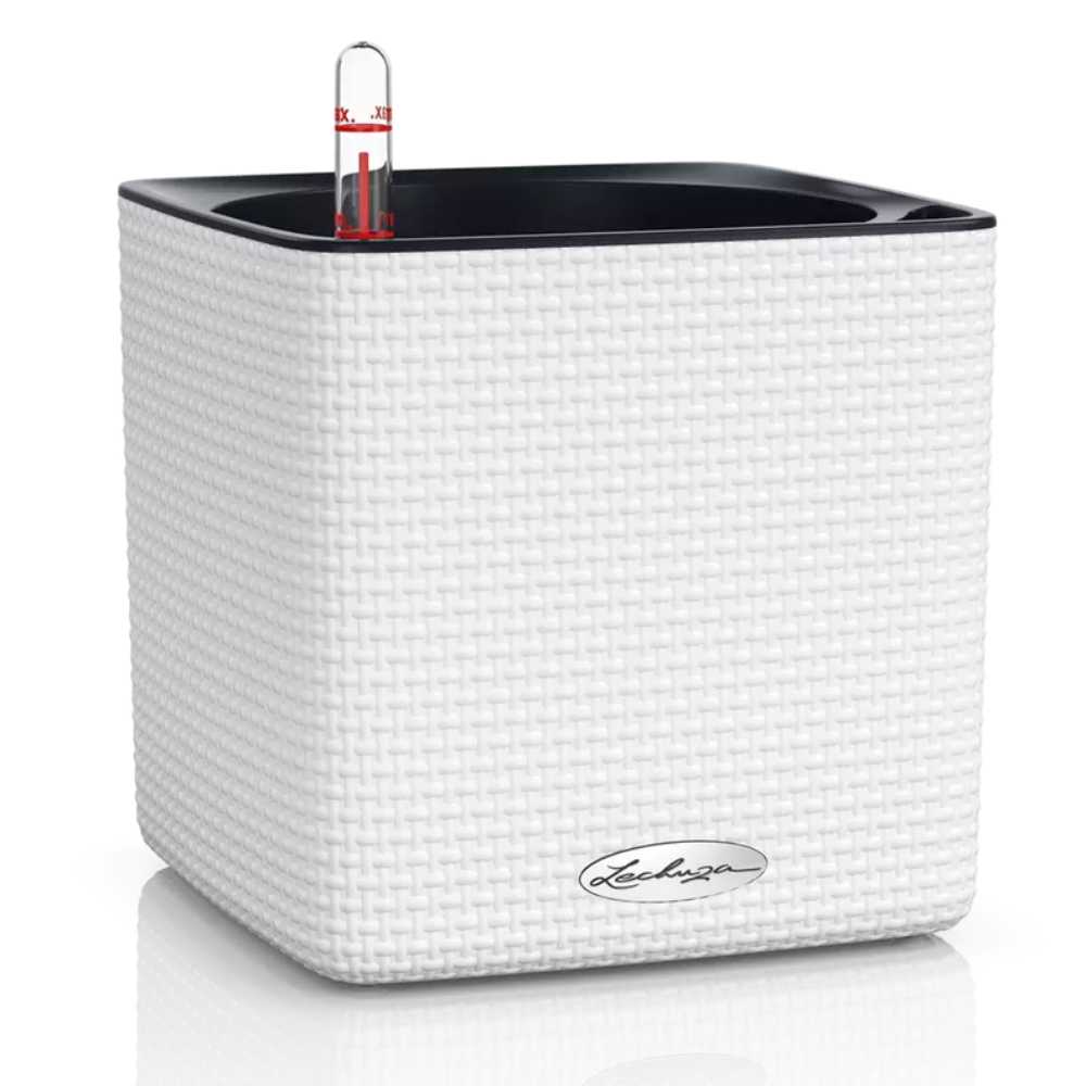 Ghiveci Auto-Irigant Lechuza Cube Color 16, efect de ratan alb, pentru plante cu ghiveci, sistem de autoirigare, insert detasabil, strat de drenaj